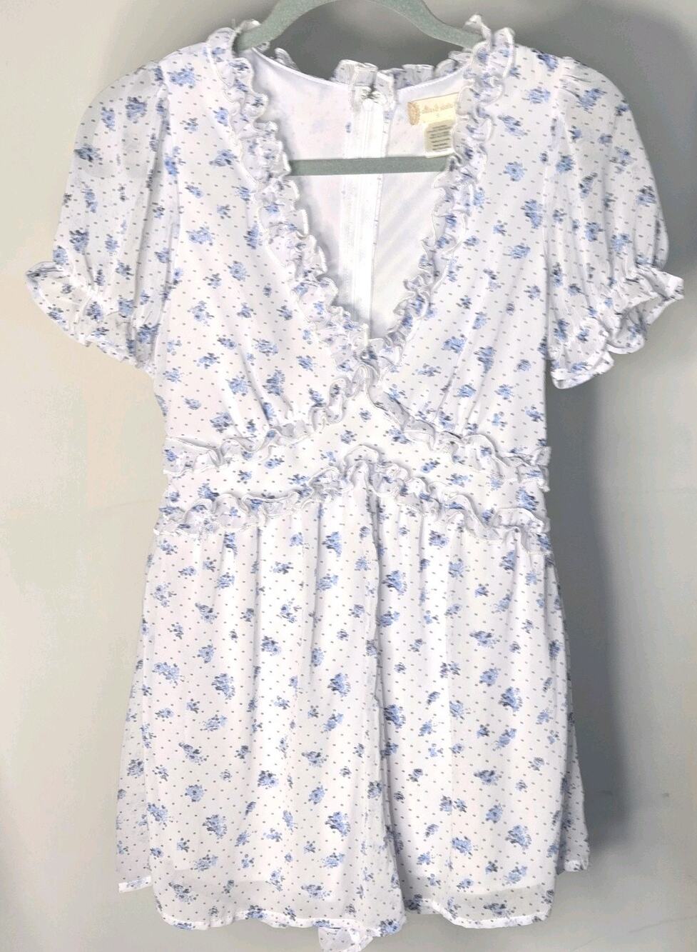 Altar'd State Trixi Romper White Blue Floral Boho Ruffle Size Small